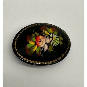 Vintage Brooch Pin Russian Black Lacquer Signed Hand Painted Floral Flowers Oval
